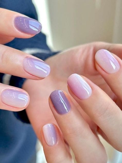 Korean purple nail design: vertical ombre Ombre Nail Purple, Wedding Nails Light Purple, Nail Art Light Purple, Milky Purple Acrylic Nails, Nail Color For Purple Dress, Dark Purple Gel Nails Short, Sheer Lilac Nails, Soft Lavender Nails, Purple Milky Nails