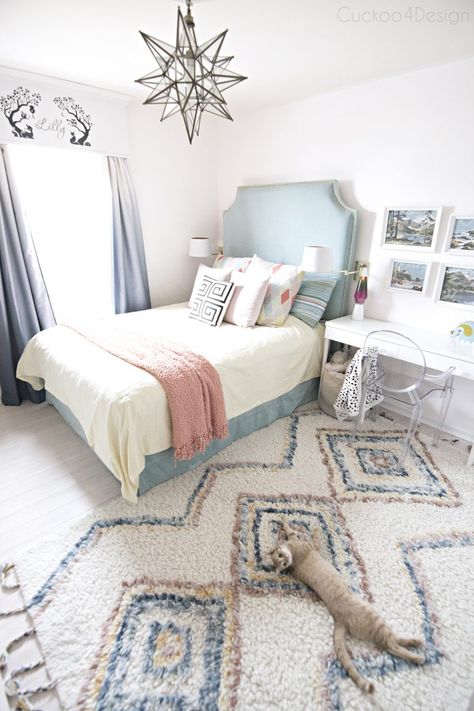 girls bedroom with DIY turquoise velvet upholstered headboard and colorful moroccan shag rug | patina by number art | Moravian star pendant | ombre colored curtains #girlsbedroom #bedroom #pastels Teen Bedroom Ideas For Small Rooms, Blue Girls Rooms, Girls Blue Bedroom, Room Ideas For Small Rooms, Grey Bedroom Design, Teenage Room, Small Room Decor