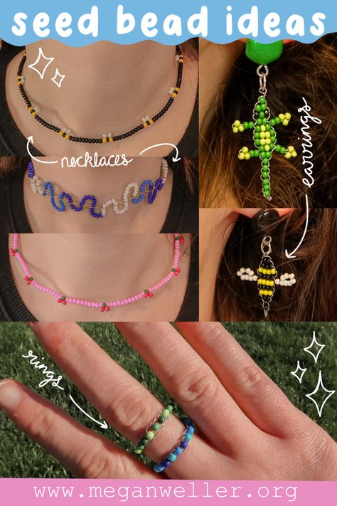 Crafts to make with seed beads. How to make beaded choker necklaces, wire bead rings, earrings at home. DIY jewelry ideas for summer. Cherry, bee, pony bead lizard, squiggly chain necklace. Seed Beaded Bracelets Ideas, Things To Do With Seed Beads, Seed Bead Shapes, Cute Seed Bead Ideas, Easy Bead Animals, Seed Bead Charms Diy, Seed Bead Charm Necklace, Seed Bead Bracelet With Charm, How To Make A Bee With Beads