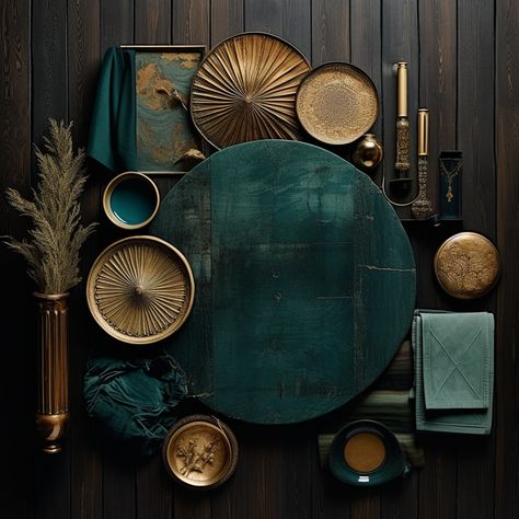 Art Deco Material Board, Green Gold Aesthetic, Industrial Pool, Mood Board Interior, Salon Suites Decor, Art Deco Bar, Creative Architecture, Big Wall Art, Bed Bedroom