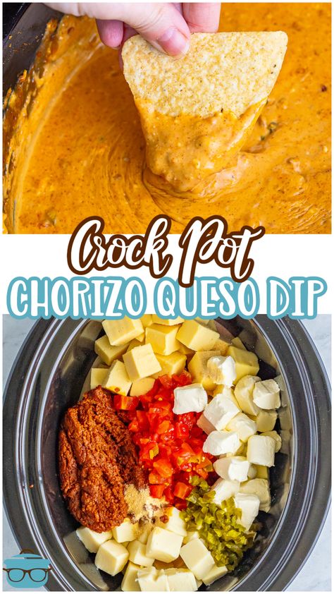 This Crock Pot Chorizo Queso Dip is always a hit at  parties and get togethers! So flavorful with pickled jalapeños, chorizo, Rotel, and of course, cheese! Queso With Half And Half, Slow Cooker Chorizo Queso, Chorizo Dip Crockpot, Crock Pot Chorizo Queso Dip, Crockpot Chorizo Queso Dip, Chorizo Queso Dip Crockpot, Chorizo Dip Recipes, Queso Dip Chorizo, Warm Dips Crockpot