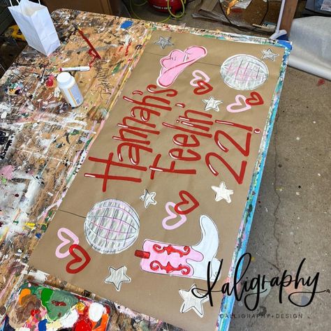 Painted Birthday Banner College, Twenty First Birthday Sign, Brown Paper Sign Party Ideas, 22nd Birthday Banner, Brown Paper Painted Banner, Brown Paper Banner Ideas, Happy Birthday Sign Diy Poster, 22 Themed Birthday Party, Birthday Signs Diy Poster