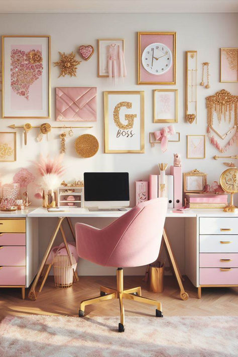 Embrace the power of a small space with this glam home office setup. Featuring blush pink and matte gold accents, alongside motivational decor, it's perfect for the aspiring girl boss. Study Corner Ideas Bedrooms Small Spaces, Pink And Gold Office Decor, Home Office With Daybed, Pink And Gold Office, Study Makeup, Pink Gold Office, Office With Daybed, Gold Home Office, Feminine Office Space