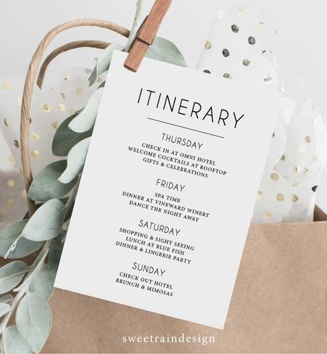 Itinerary for Wedding Simple Itinerary Template Destination | Etsy Palma Wedding, Itinerary Template Free, Destination Wedding Itinerary, Wedding Itinerary Template, White Bachelorette, Wedding Weekend Itinerary, Itinerary Invitation, Itinerary Design, Engaged Af