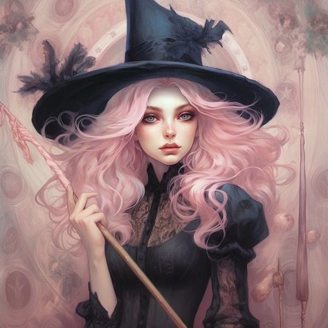 Pink Haired Witch, Dnd Witch, Witches Art, Witch Clothes, Female Ocs, Pretty Background, Pink Witch, Pink Wigs, Witch Pictures