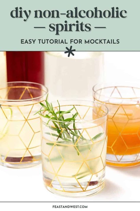 My top three Homemade Zero-Proof Spirits work to substitute gin, vodka, whiskey and tequila. They are easy to make and come together in about an hour. And they are just as good — if not fresher and better-tasting — as the store-bought brands. https://feastandwest.com/homemade-zero-proof-spirits/ Diy Non Alcoholic Spirits, Zero Proof Cocktails, Mixology Recipes, Xmas Hampers, Ingredient Substitutions, Cocktail Ingredients, Mocktail Recipe, Homemade Tools, Frozen Drinks