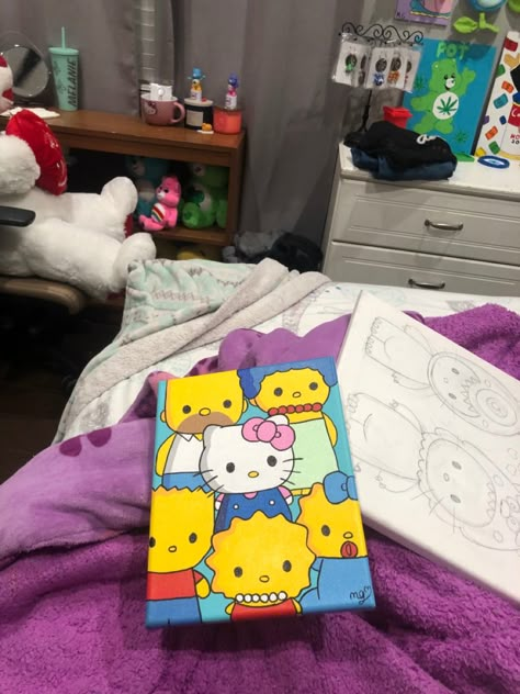 Strawberry Hello Kitty Painting, Polaroid Painting For Boyfriend, Cool Cartoon Paintings, Painting Ideas Cartoon Characters, Cartoon Characters Paintings, Hypebeast Painting Canvas, Hello Kitty Painting Canvases, Cool Easy Paintings, Drawing Ideas Easy Cute