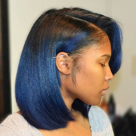 African American Black To Blue Ombre Bob Unusual Hair Colors, Ombre Bob, Makeup Tip, American Hairstyles, Afrikaanse Mode, Relaxed Hair, Cool Hair Color, Bobs Haircuts, Blue Hair