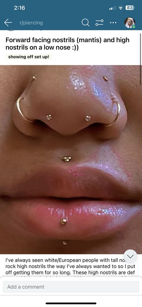 Gold Piercings Aesthetic Face, Septril Piercings, Nose Jewelry Ideas, Interesting Piercings, Different Types Of Nose Piercings, Tattoo And Piercings, Stacked Nose Piercing, Double High Nostril Piercing, Mantis Nose Piercing