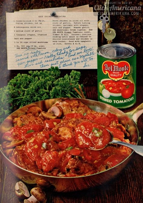 Easy Chicken Cacciatora (1962) Old Recipe Book, Ic Recipes, Chicken Cacciatore Recipe, Old Time Recipes, Luncheon Meat, Chicken Cacciatore, Recipes Vintage, Stewed Tomatoes, Retro Food