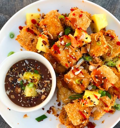 Coconut Crusted Tofu Nuggets with Healthy Sweet Recipes Vegan Easy, Coconut Crusted Tofu, Crusted Tofu, Tofu Nuggets, Sweet Sour Sauce, Gluten Free Panko, Sweet And Sour Sauces, Healthy Appetizer, Sweet And Sour Sauce