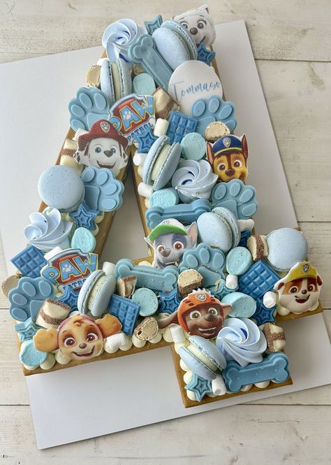 Vanilla Cream Tart Cake with Paw patrol’s theme to celebrate 1 year.  #CreamTartCake #CakeArt #ChildrenBirthdayCake #NumberCake #OneYearOldCake #1YearOldCake #CakeDecor #CakeDesign #PawPatrolThemeCake Paw Patrol Kids Party, Number 4 Paw Patrol Cake, Paw Patrol Cookie Cake, Paw Patrol Cake Ideas Boys, Paw Patrol Number Cake, Paw Patrol Party Ideas Food, Paw Patrol Cake Boy, Torte Paw Patrol, Paw Patrol 4th Birthday Party