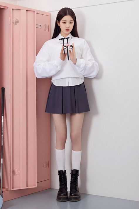 “jang wonyoung for gospheres” Kpop School Uniform, Wonyoung Style, Wonyoung Outfit, Grey Pleated Skirt, Sassy Outfit, Mood Board Fashion, Kpop Fashion Outfits, Asian Style, Kpop Outfits