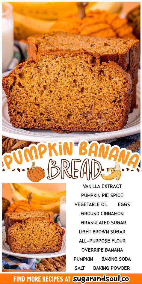 Pumpkin Spice Banana Bread, Pumpkin Banana Bread Recipe, Pumpkin Bread Recipe Healthy, Canned Pumpkin Recipes, Ripe Banana Recipe, Pumpkin Banana Bread, Quick Bread Recipe, Halloween Breakfast, Pumpkin Banana