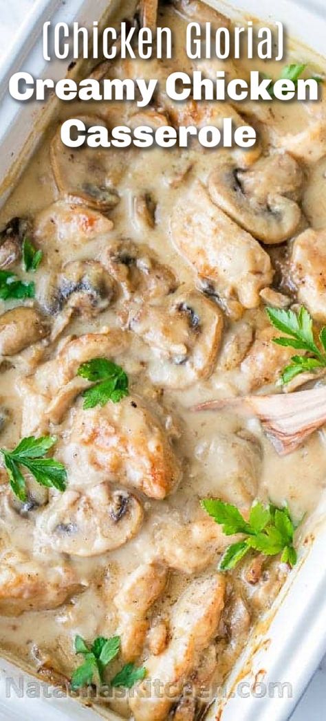 Chicken And Mushroom Casserole, Chicken Gloria, Chicken Mushroom Casserole, Creamy Chicken Casserole, Chicken Mushrooms, Chicken Casserole Recipe, Mushroom Casserole, Chicken And Mushroom, Mushroom Chicken