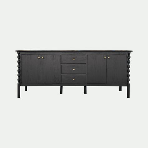 Media Credenza Black, Black Sideboard Buffet Pottery Barn, Black Sideboard Buffet, 70” Media Console, Black And Brass Credenza, Black Media Console Luxe, Media Credenza, Tv Credenza, Bar Console