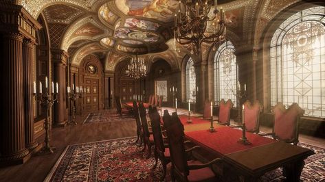 Manor Interior, Anime Places, Castles Interior, Dining Room Art, Baroque Architecture, Dining Hall, Fantasy Castle, Environment Concept Art, School Architecture