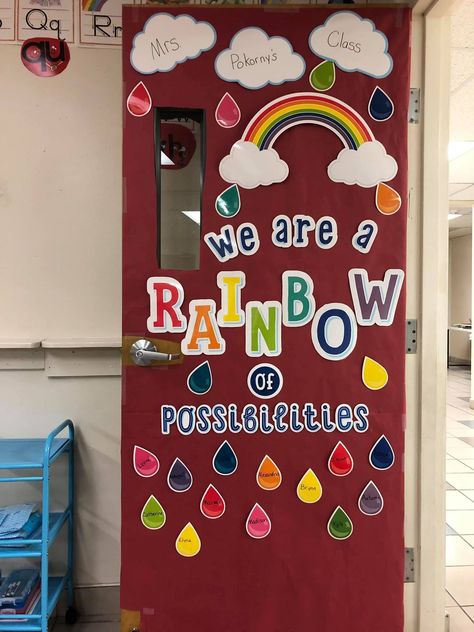 Red Classroom Decor, Red Classroom, Rainbow Of Possibilities, Preschool Door, Kids Bulletin Boards, Rainbow Door, Door Decorations Classroom, Paper Flowers Craft, Rainbow Theme