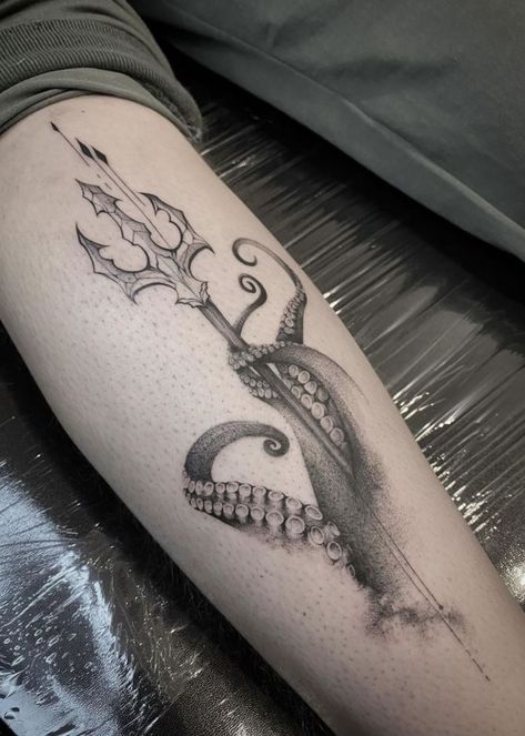 Octopus Trident Tattoo, Small Kraken Tattoo, Letter In A Bottle Tattoo, Octopus Tattoos Fine Line, Deep Sea Tattoo Sleeve, Octopus Tattoo Leg, Octopus Tattoos Simple, Octopus Forearm Tattoo, Mermaid Tattoo For Men