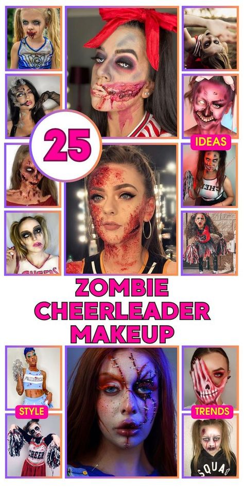 Get ready for Halloween with zombie cheerleader makeup, featuring easy and simple ideas perfect for kids and women. This tutorial offers step-by-step instructions to create a cute yet spooky look. Use green and dark shades around the eyes to achieve a unique and scary effect. Ideal for a Halloween party or a fun night out, this makeup is quick and easy to apply, making it perfect for last-minute transformations. Cheerleader Makeup Ideas, Zombie Cheerleader Makeup, Pretty Zombie Makeup, Zombie Cheerleader Halloween, Cheerleader Makeup, Zombie Face Makeup, Kids Zombie Makeup, Zombie Makeup Diy, Zombie Cheerleader Costume