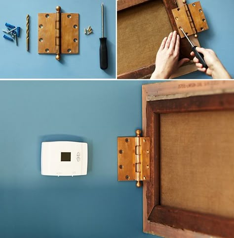 How to hide thermostats and the like. Beautiful Living Style: decorate Hide Wall Imperfections, Hide Thermostat, Hinged Picture Frame, Thermostat Cover, Fuse Box Cover, Living Styles, Door Opener, Wood Box, Hallway Decorating