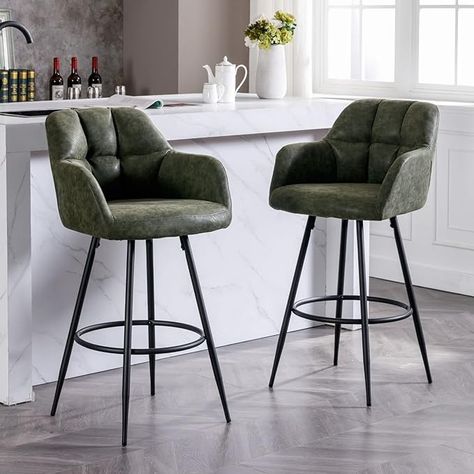 Amazon.com: ROCITY Leather Bar Stools Set of 2 Bar Height Stools with Backs Green Bar Chair for Kitchen Island Modern Barstools with Black Metal Legs, 30 Inch Bar Stools : Home & Kitchen Bar Stool Upholstered, Bar Height, Green Leather, Bar Stool, Stools, Bar Stools, Bar, Green, Leather