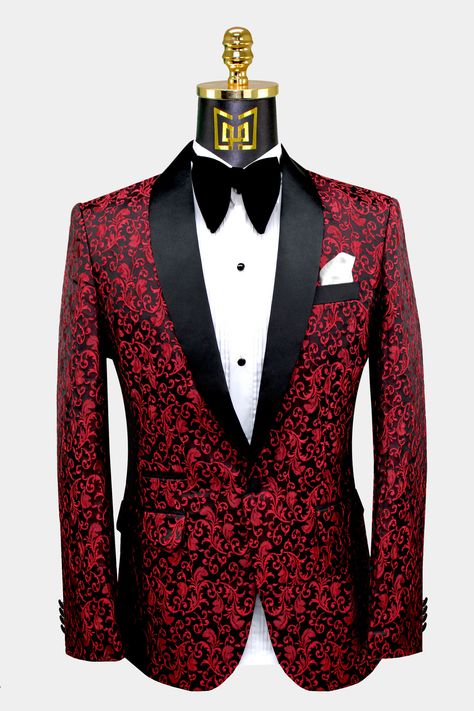 Prom Outfits Men, Paisley Tuxedo, Crimson Wedding, Tuxedo Prom, Velvet Dinner Jacket, Tux Shirt, Suits Groom, Red Tuxedo, White Tux