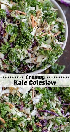 This Kale Slaw Salad Recipe is the best of both worlds, kale salad and coleslaw combined to make a tasty nutritious side dish. Kale, cabbage, seeds and dried cranberries tossed with a creamy poppy seed dressing . . . so good! #kalesalad #kalerecipes #coleslawrecipes #poppyseeddressing #saladrecipes #sidedishrecipes #kaleslaw Kale Slaw Salad, Kale Cabbage Salad Recipes, Cabbage And Kale Salad, Creamy Kale, Kale Cabbage, Slaw Salad, Kale Slaw, Slaw Dressing, Cabbage Seeds