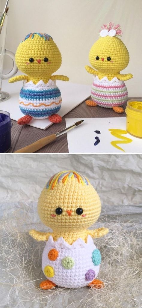 Sweet Easter Amigurumi Chicks and Ducks.These adorable chicks in the pictures below just woke up this morning out of their egg shells and are getting ready for Easter celebration! Watch them decorate their sweet shells, to be more colorful and cute! It's a super fast, last minute pattern, that's going to be great for a lazy project. #freecrochetpattern #amigurumi #toy Crochet Easter Ideas Free Patterns, Free Spring Crochet Patterns, Egg Crochet Pattern Free, Easter Amigurumi Free Pattern, Free Peep Crochet Pattern, Easter Crochet Ideas, Crochet Easter Patterns, Easter Chick Crochet Patterns Free, Crochet Bunny Patterns