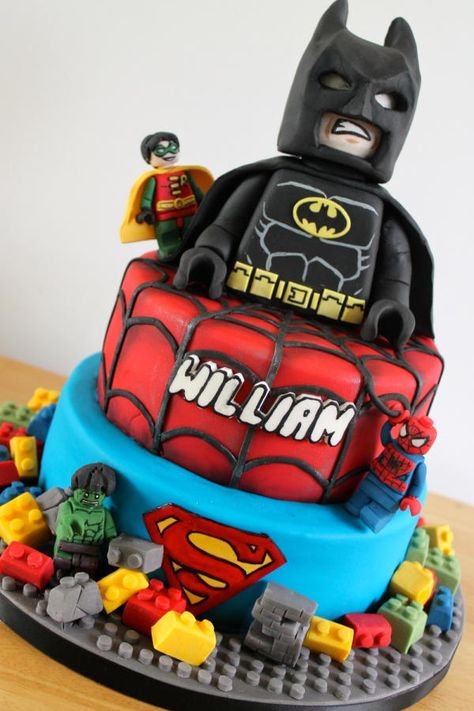 Lego superhero Cake - for how to make a lego man in fondant go to https://www.youtube.com/watch?v=aVsyDVMREuU&list=TLa3epA9og55ziva1-IokNlgfAwRhxS4dv Lego Superhero Cake, Lego Batman Cakes, Superhero Cakes, Lego Birthday Cake, Batman Cake, Lego Cake, Lego Birthday Party, Superhero Cake, Batman Birthday