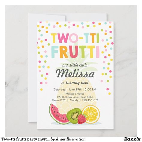 Two Tti Frutti, Tutti Frutti Party, Summer Birthday Invitations, Fruit Birthday, Birthday Party Design, 2nd Birthday Party Themes, 2nd Birthday Party, Fruit Party, 2nd Birthday Invitations