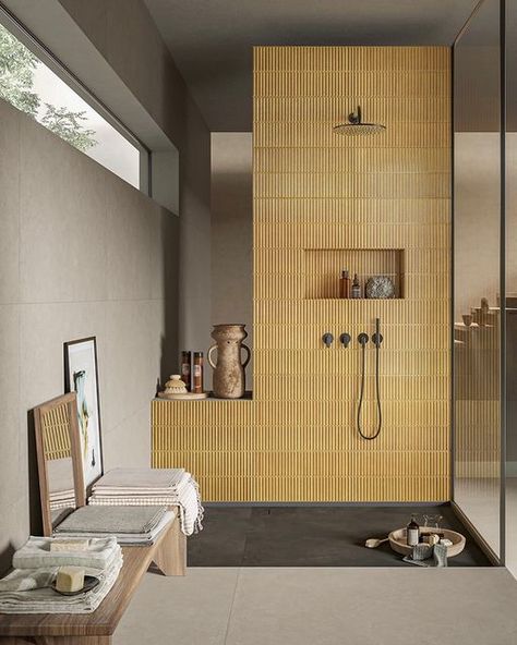 Z Collection on Instagram: "Hello Monday! ☀️ Tile: Homey Mustard 12x24 . . . . . #tilelove #tiledesign #ihavethisthingwithtiles #ceramicsofitaly #porcelaintile #3dtiles #primarybathroom #bathroomdesign #bathroominspiration #interiordesign #pnwdesign #pnwstyle #newbuild #newconstruction #luxuryhomes #housebeautiful #designdetails #portraitmag #graymagazine #admagazine #sodomino #zcollection" Japanese Kitchen Tiles, Japanese Finger Tiles Bathroom, Japanese Tiles Bathroom, Finger Tiles Bathroom, Mustard Bathroom, Almond Tile, Finger Tiles, Yellow Tile Bathroom, Yellow Bathroom Tiles