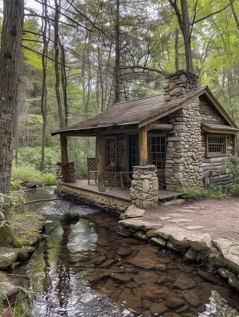 Stone And Wood Cabin, Small Rustic Home Plans, Hand Built Cabin, Houses In The Woods Aesthetic, Cabin Property Ideas, Houses In Woods, House In Forest Cottages, Stone Cottage In The Woods, Home In Woods