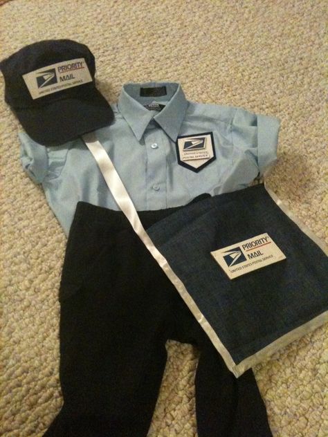 Halloween costume/dress up mail man outfit made from a priority mail box, scrap denim fabric & ribbon & added to a shirt, pants & hat. Mail Man Costume, Mail Man, Career Day, Man Outfit, Halloween Costume Outfits, Family Costumes, Dress Halloween Costume, Fabric Ribbon, Couples Costumes