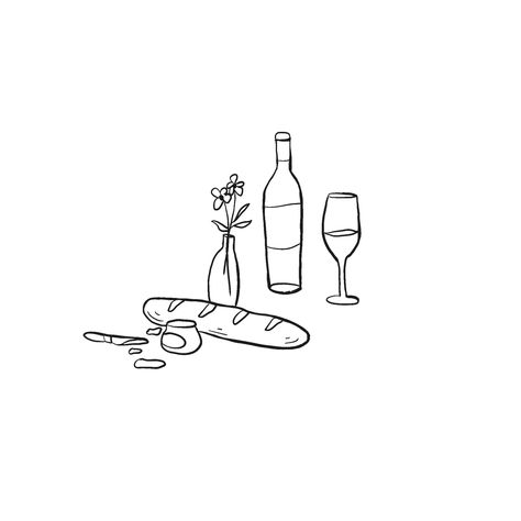 Dinner Party Illustration Art, Dinner Table Drawing Sketch, Minimalist Food Drawing, Hand Drawn Dinner Party, Dinner Drawing Illustration, Dinner Illustration Table, Table Setting Illustration, Dinner Table Tattoo, Bread And Wine Tattoo