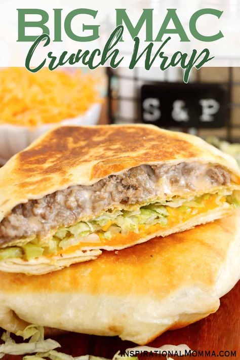 Big Mac crunch wraps stuff a tortilla full of seasoned beef, cheese, lettuce, onions, and Big Mac sauce. Pan-fry it until crispy. #inspirationalmomma #bigmaccrunchwraps #bigmaccrunchwrap #bigmaccrunchwraprecipe Big Mac Blackstone, Crunch Wrap Sliders, Big Mac Crunch Wrap Recipe, Big Mac Crunch Wrap, Cheeseburger Crunch Wrap, Big Mac Egg Rolls, Big Mac Wrap, Big Mac Tacos, Crunchwrap Recipe