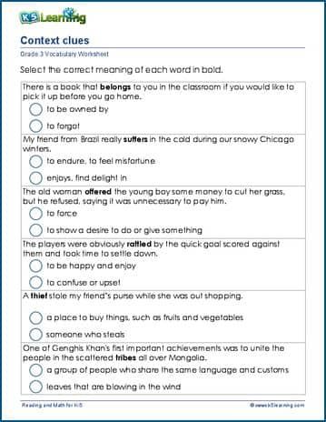 students use context clues to work out the definition of unknown words. Free | Worksheets | Vocabulary | Grade 3 | Printable Context Clues Worksheets 4th Grade, Context Clues Kindergarten, Context Clues 3rd Grade, Context Clues Worksheets Grade 5, Vocabulary Context Clues Anchor Chart, Context Clues Activities, Context Clues Worksheets, 5th Grade Worksheets, Worksheets For Grade 3