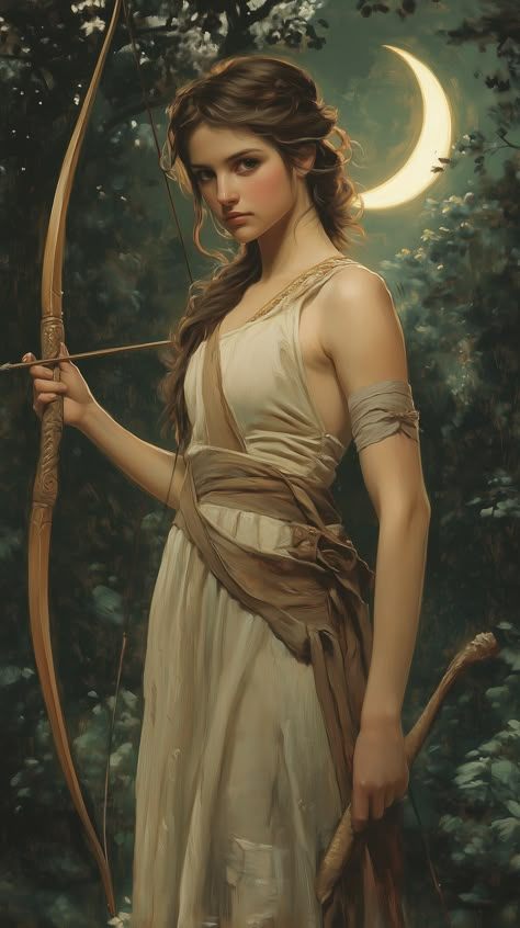 🌙✨ Discover the captivating beauty of Artemis, the Greek goddess of the hunt! This stunning painting by Tom Bagshaw brings her to life with her flowing brown hair, elegant Greek tunic, and graceful bow and arrow. Surrounded by lush green trees and the glowing crescent moon, she epitomizes strength and femininity. Immerse yourself in this classical masterpiece reminiscent of William-Adolphe Bouguereau's style. 🎨🌿 #Artemis #GreekMythology #ArtLovers #ClassicalArt #TomBagshaw... Artemis Greek Goddess Art, Greek Tunic, Woman In Forest, Artemis Art, Artemis Greek Goddess, Tom Bagshaw, Greek Goddess Art, Famous Legends, Artemis Goddess