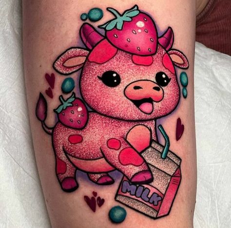 Pink Cow Tattoo, Strawberry Cow Tattoo, Cow Tattoo Design, Cow Tattoo, Flash Ideas, Tattoos Mandala, Wild Tattoo, Retro Tattoos, Handpoke Tattoo