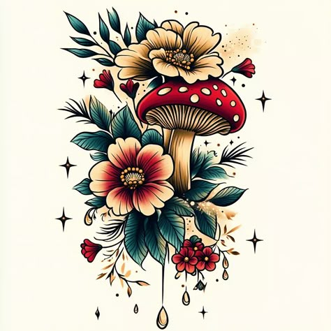 Wildflower Filler Tattoo, Neo Trad Mushroom Tattoo, Rainbow Mushroom Tattoo, Tattoos On Fair Skin, Flower Tattoos Realism, Homestead Tattoo Ideas, Cute Tattoo Cover Up Ideas, Alice In Wonderland Mushroom Tattoo, Witchy Mushroom Tattoo