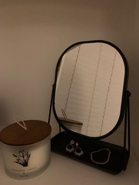 Mirror Desk Aesthetic, Aesthetic Makeup Mirror, Desk Mirror Aesthetic, Mirror Organization, Black Desk Aesthetic, Makeup Mirror Aesthetic, Mirror Desk, Desk Aesthetic, Aesthetic House