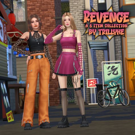 💥 REVENGE COLLECTION 💥 | Trillyke Sims 4 Punk, Sims4 Ideas, Sims Love, Ts4 Clothes, Cc Packs, Sims Custom Content, Pelo Sims, Modern Punk, Sims 4 Expansions