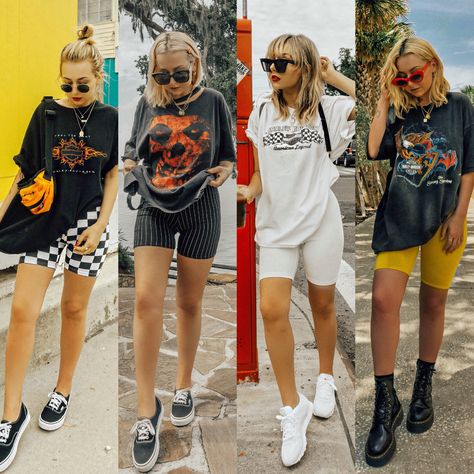 SHOP THE TREND: BIKER SHORTS. 90s Biker Shorts Outfit, Cycling Shorts Outfit, Bike Shorts Outfit, Look Grunge, Biker Shorts Outfit, Fest Outfits, Looks Pinterest, Summer Shorts Outfits, Pastel Outfit