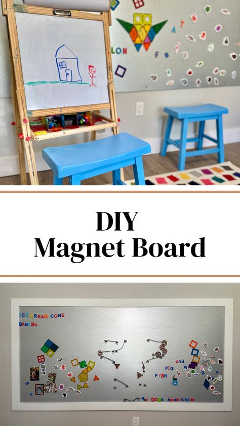 Diy Magnet Wall, Magnet Wall Ideas, Kids Crafts Summer, Magnet Board Kids, Grandkids Playroom, Sheet Metal Wall, Diy Magnet Board, Magnet Wall, Play Wall