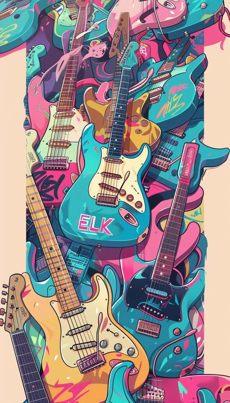 Colorful Electric Guitars with Cartoon Illustration Style Guitar Background, Guitar Cartoon, Project Room, Guitar Drawing, Inspirational Digital Art, Edgy Wallpaper, Summer Backgrounds, Colorful Background, Wooden Cross