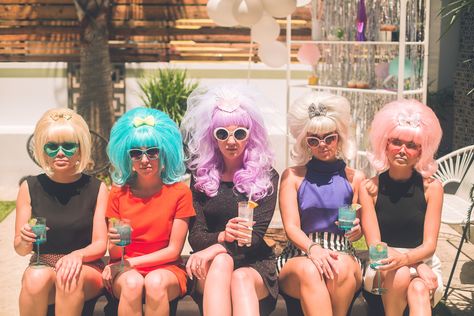 An Out-of-This-World, 60s Mod Themed Party | Party at the Moontower Event Rentals Mod Theme Party, Wig Party Birthday, Costume Bachelorette Party, 60s Theme Bachelorette Party, Bachelorette Wigs Party, Hairspray Birthday Party Ideas, Hairspray Themed Party, Wig Birthday Party Theme, Wiggin Out Party