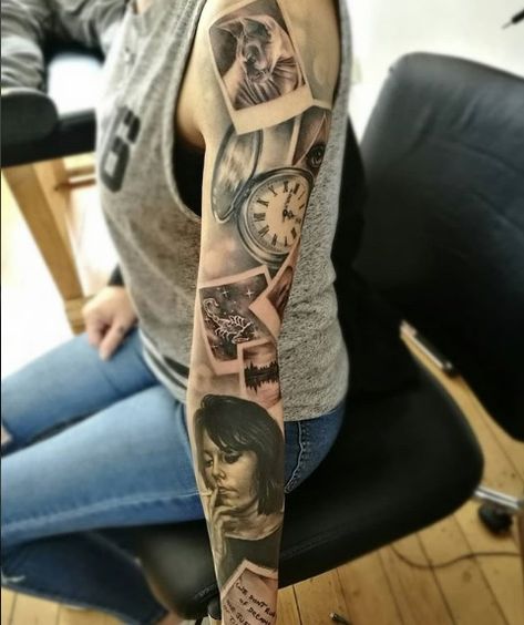 Black And White Tattoo Ideas, Homemade Tattoo Ink, Sleeve Tattoos Black, White Tattoo Ideas, Gold Tattoo Ink, Tattoos Black And White, Family Sleeve Tattoo, Tattoo Ideas Sleeve, Portrait Tattoo Sleeve