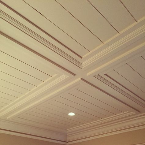 Coffered Ceiling For Low Ceilings, Ceiling Panelling Design, Coffered Ceiling Ideas For Low Ceilings, Coffered Ceiling With Shiplap, Shallow Coffered Ceiling, Low Profile Coffered Ceiling, Coffered Ceiling Bedroom, Tray Ceiling Dining Room, Millwork Ceiling