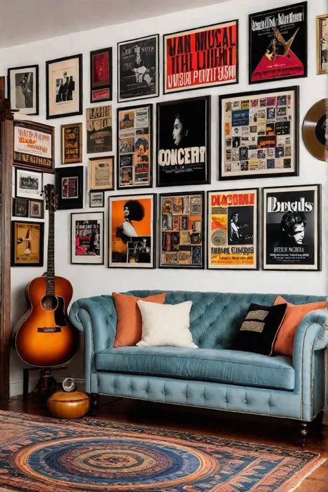 Musicthemed gallery wall with concert posters and record covers Framed Music Posters On Wall, Music Wall Art Ideas Living Rooms, Music Room Gallery Wall, Music Room Wall Decor, Bedroom Record Wall, Music Gallery Wall Ideas, Vinyl Record Display Wall Art, Classic Rock Room, Home Music Studio Aesthetic