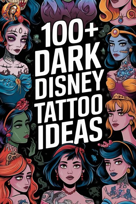 Discover 50+ Dark Disney Tattoo Ideas!  Unleash your edgy side with these captivating dark Disney tattoo ideas. From villains to haunting scenes, explore a world where magic meets darkness. Dive into this unique collection of designs that bring a twist to the beloved Disney characters. Whether you're a fan of Maleficent or Ursula, there's something for every dark fairy tale enthusiast. Elevate your tattoo game with these enchantingly eerie designs inspired by the darker side of Disney! Dark Disney Tattoos Sleeve, Alternative Disney Tattoo, Halloween Themed Tattoos Sleeve, Dark Disney Princess Tattoos, Gothic Disney Tattoo, Book Character Tattoos, Wicked Witch Tattoo, Zero Tattoo Ideas, Dark Disney Aesthetic